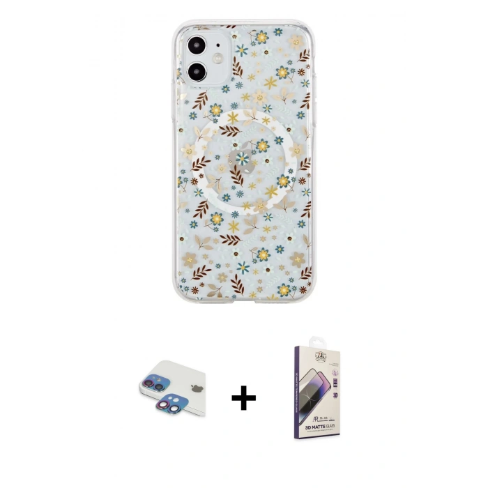 MARSİLYAN™- iPhone 11 Kılıf Pusula Form - Siyah Bilvis 3D Mat Cam Ekran Koruyucu + Pers Alüminyum Kamera Lens - GI