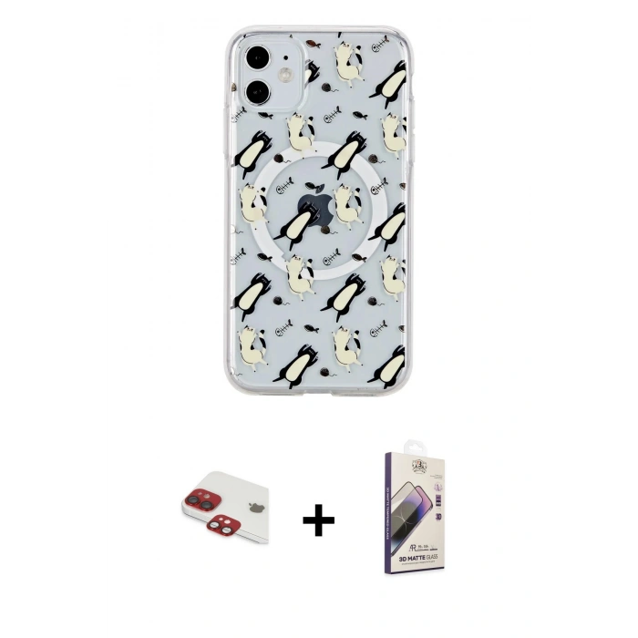 MARSİLYAN™- iPhone 11 Kılıf Pusula Form - Siyah Bilvis 3D Mat Cam Ekran Koruyucu + Pers Alüminyum Kamera Lens - KI