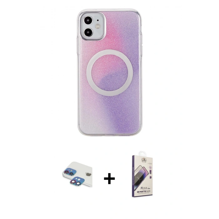 MARSİLYAN™- iPhone 11 Kılıf Pusula Form - Siyah Bilvis 3D Mat Cam Ekran Koruyucu + Pers Alüminyum Kamera Lens - GI