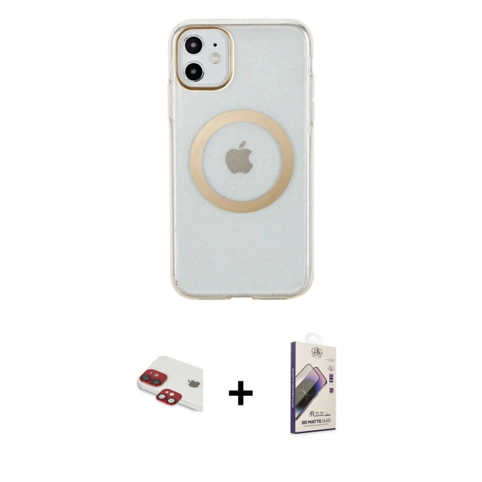 MARSİLYAN™- iPhone 11 Kılıf Pusula Form - Siyah Bilvis 3D Mat Cam Ekran Koruyucu + Pers Alüminyum Kamera Lens - KI