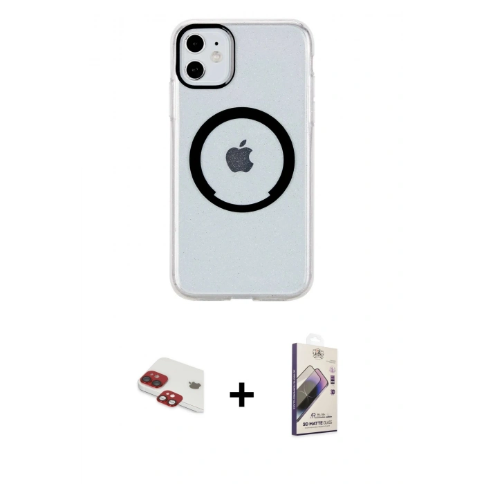 MARSİLYAN™- iPhone 11 Kılıf Pusula Form - Siyah Bilvis 3D Mat Cam Ekran Koruyucu + Pers Alüminyum Kamera Lens - KI
