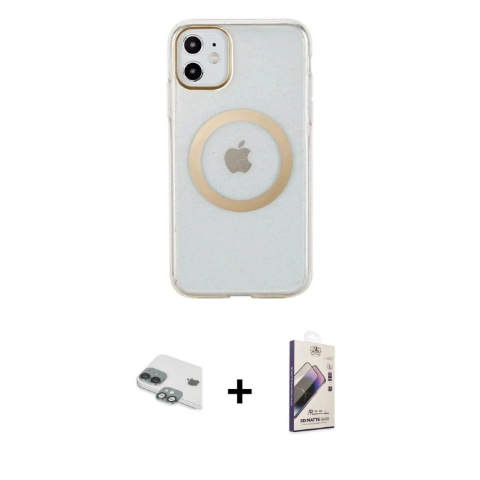 MARSİLYAN™- iPhone 11 Kılıf Pusula Form - Siyah Bilvis 3D Mat Cam Ekran Koruyucu + Pers Alüminyum Kamera Lens - YL