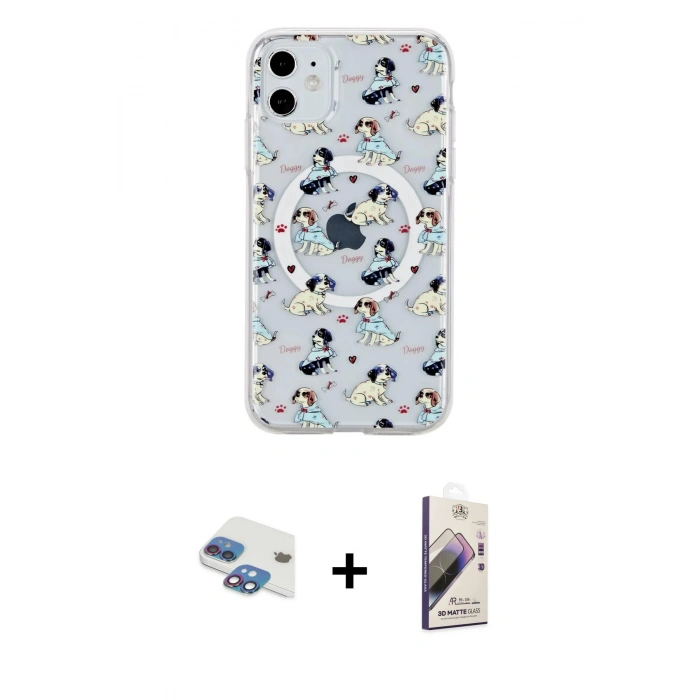 MARSİLYAN™- iPhone 11 Kılıf Pusula Form - Siyah Bilvis 3D Mat Cam Ekran Koruyucu + Pers Alüminyum Kamera Lens - GI
