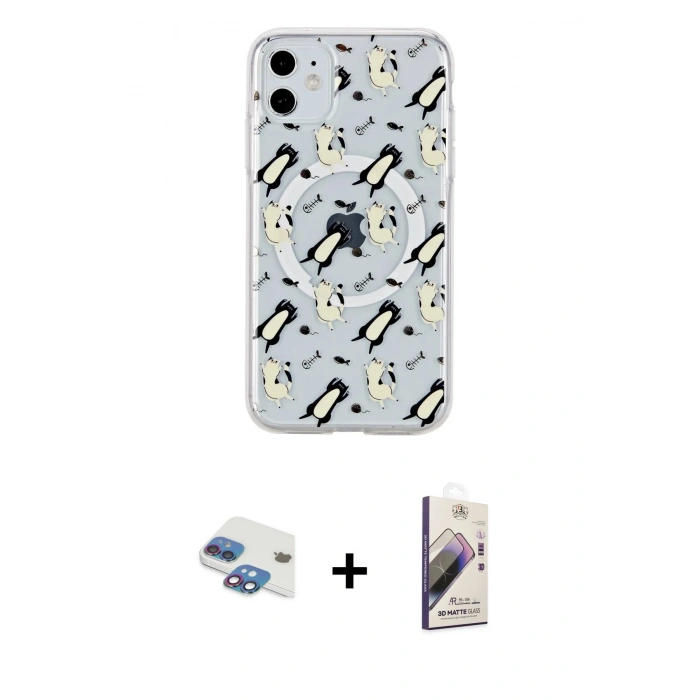 MARSİLYAN™- iPhone 11 Kılıf Pusula Form - Siyah Bilvis 3D Mat Cam Ekran Koruyucu + Pers Alüminyum Kamera Lens - GI
