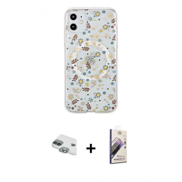 MARSİLYAN™- iPhone 11 Kılıf Pusula Form - Siyah Bilvis 3D Mat Cam Ekran Koruyucu + Pers Alüminyum Kamera Lens - YL