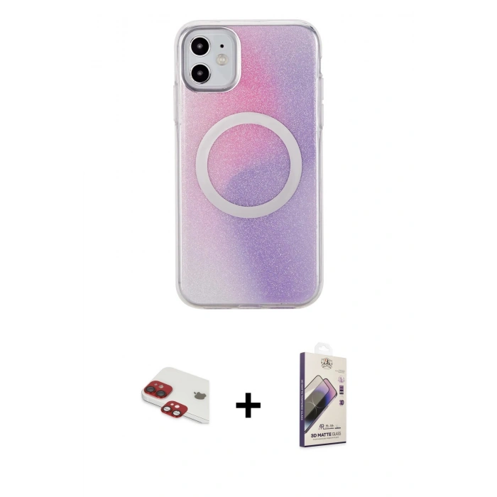 MARSİLYAN™- iPhone 11 Kılıf Pusula Form - Siyah Bilvis 3D Mat Cam Ekran Koruyucu + Pers Alüminyum Kamera Lens - KI
