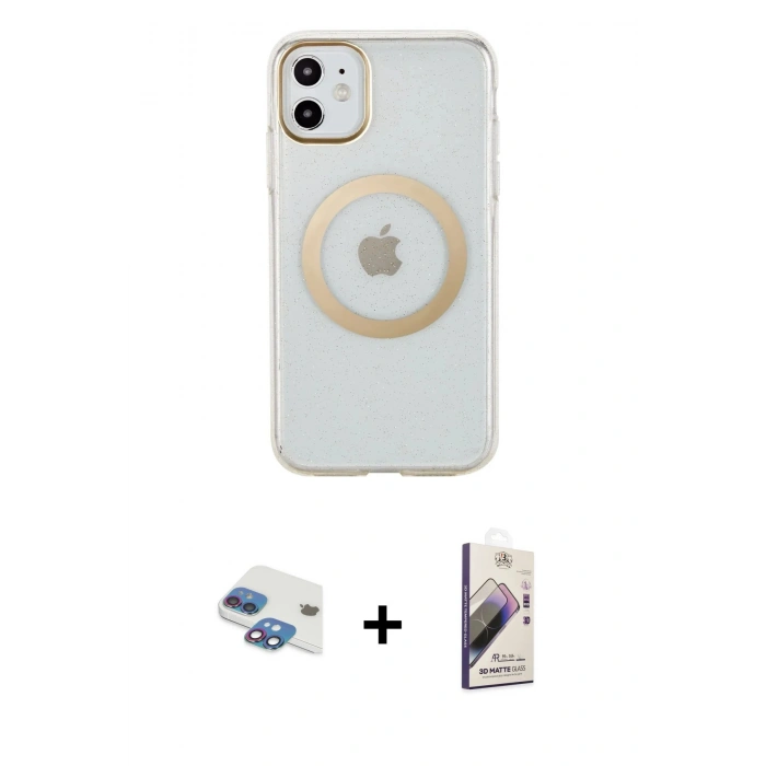 MARSİLYAN™- iPhone 11 Kılıf Pusula Form - Siyah Bilvis 3D Mat Cam Ekran Koruyucu + Pers Alüminyum Kamera Lens - GI
