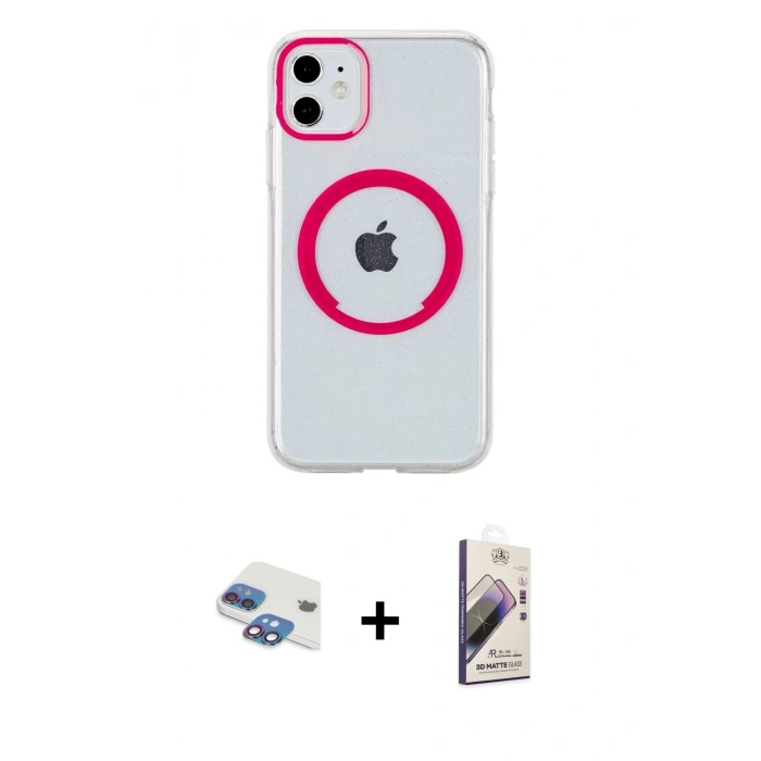 MARSİLYAN™- iPhone 11 Kılıf Pusula Form - Siyah Bilvis 3D Mat Cam Ekran Koruyucu + Pers Alüminyum Kamera Lens - GI