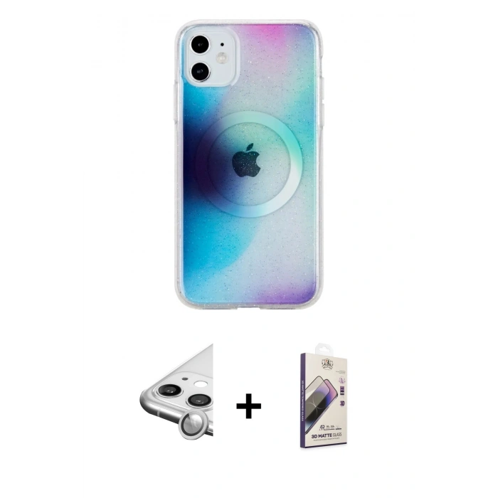 MARSİLYAN™- iPhone 11 Kılıf Pusula Form - Siyah Bilvis 3D Mat Cam Ekran Koruyucu + Raze Metal Kamera Lens - GS