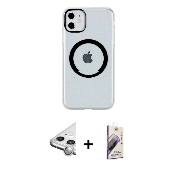 MARSİLYAN™- iPhone 11 Kılıf Pusula Form - Siyah Bilvis 3D Mat Cam Ekran Koruyucu + Raze Metal Kamera Lens - GS