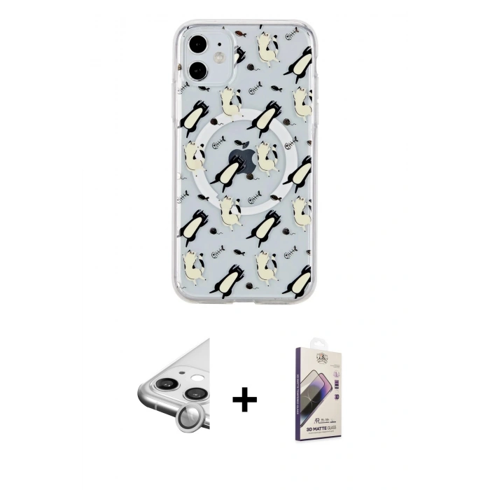 MARSİLYAN™- iPhone 11 Kılıf Pusula Form - Siyah Bilvis 3D Mat Cam Ekran Koruyucu + Raze Metal Kamera Lens - GS