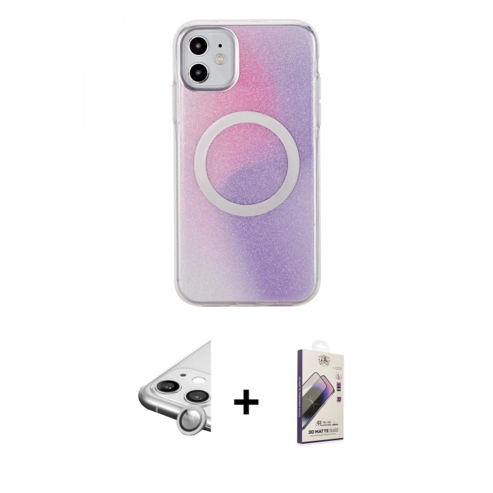MARSİLYAN™- iPhone 11 Kılıf Pusula Form - Siyah Bilvis 3D Mat Cam Ekran Koruyucu + Raze Metal Kamera Lens - GS