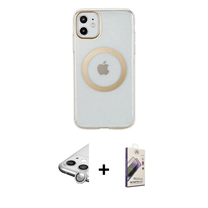 MARSİLYAN™- iPhone 11 Kılıf Pusula Form - Siyah Bilvis 3D Mat Cam Ekran Koruyucu + Raze Metal Kamera Lens - GS