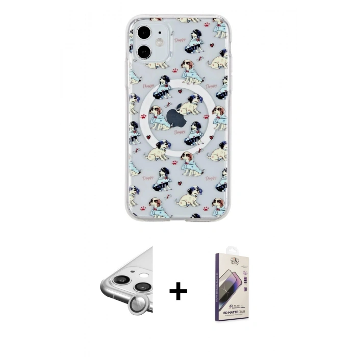 MARSİLYAN™- iPhone 11 Kılıf Pusula Form - Siyah Bilvis 3D Mat Cam Ekran Koruyucu + Raze Metal Kamera Lens - GS