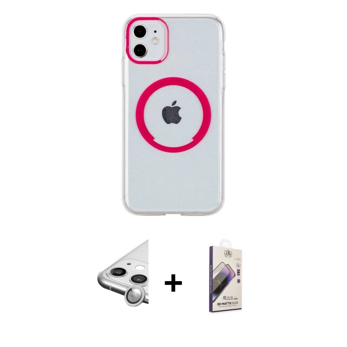 MARSİLYAN™- iPhone 11 Kılıf Pusula Form - Siyah Bilvis 3D Mat Cam Ekran Koruyucu + Raze Metal Kamera Lens - GS