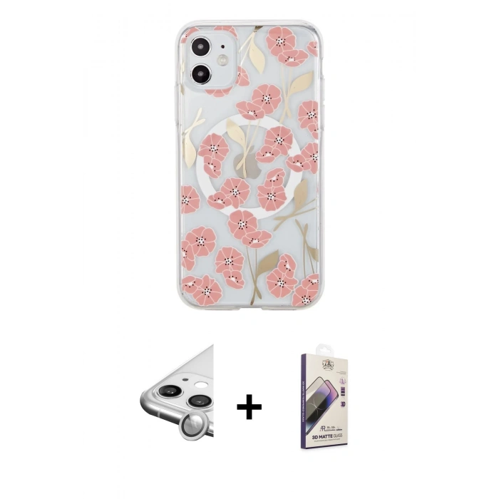 MARSİLYAN™- iPhone 11 Kılıf Pusula Form - Siyah Bilvis 3D Mat Cam Ekran Koruyucu + Raze Metal Kamera Lens - GS