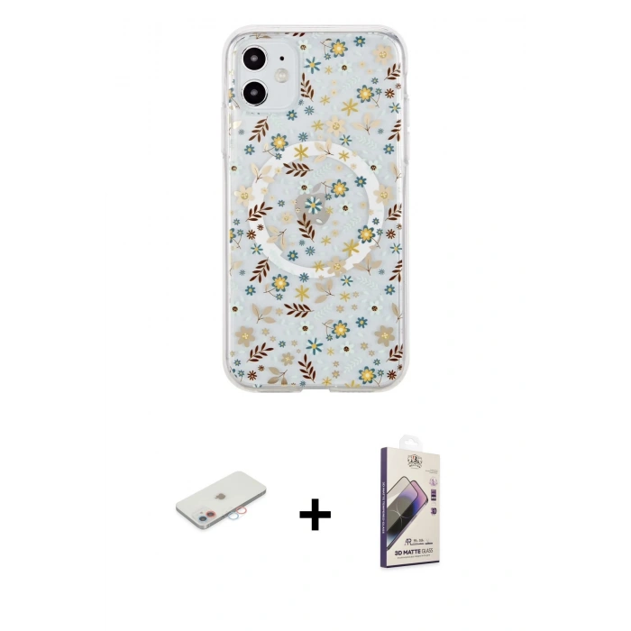 MARSİLYAN™- iPhone 11 Kılıf Pusula Form - Siyah Bilvis 3D Mat Cam Ekran Koruyucu + Renkli Kamera Lens Koruma Cam - PE