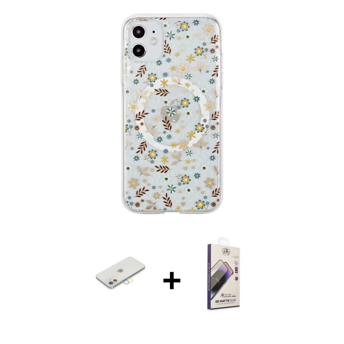 MARSİLYAN™- iPhone 11 Kılıf Pusula Form - Siyah Bilvis 3D Mat Cam Ekran Koruyucu + Renkli Kamera Lens Koruma Cam - SI
