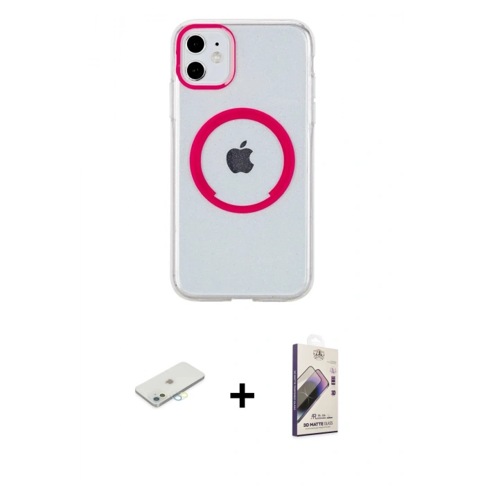 MARSİLYAN™- iPhone 11 Kılıf Pusula Form - Siyah Bilvis 3D Mat Cam Ekran Koruyucu + Renkli Kamera Lens Koruma Cam - SI
