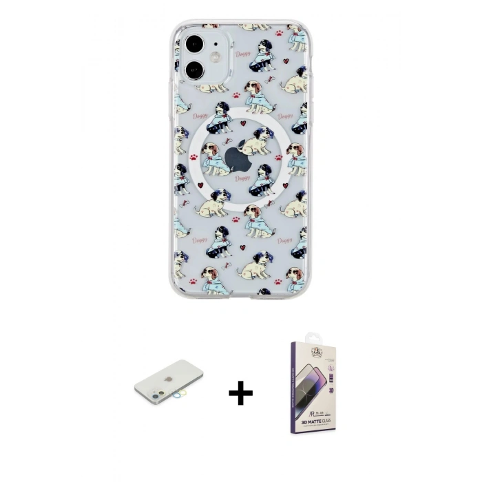 MARSİLYAN™- iPhone 11 Kılıf Pusula Form - Siyah Bilvis 3D Mat Cam Ekran Koruyucu + Renkli Kamera Lens Koruma Cam - SI