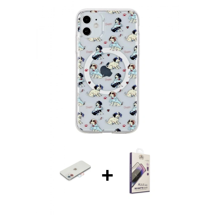 MARSİLYAN™- iPhone 11 Kılıf Pusula Form - Siyah Bilvis 3D Mat Cam Ekran Koruyucu + Renkli Kamera Lens Koruma Cam - PE