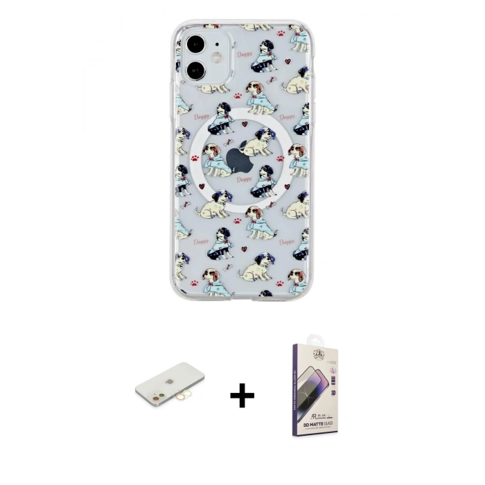 MARSİLYAN™- iPhone 11 Kılıf Pusula Form - Siyah Bilvis 3D Mat Cam Ekran Koruyucu + Renkli Kamera Lens Koruma Cam - SI