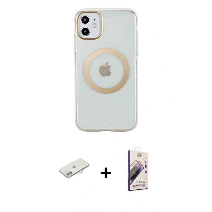 MARSİLYAN™- iPhone 11 Kılıf Pusula Form - Siyah Bilvis 3D Mat Cam Ekran Koruyucu + Renkli Kamera Lens Koruma Cam - PE