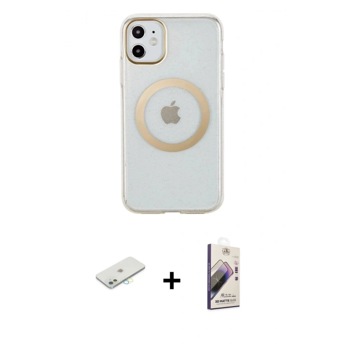 MARSİLYAN™- iPhone 11 Kılıf Pusula Form - Siyah Bilvis 3D Mat Cam Ekran Koruyucu + Renkli Kamera Lens Koruma Cam - SI