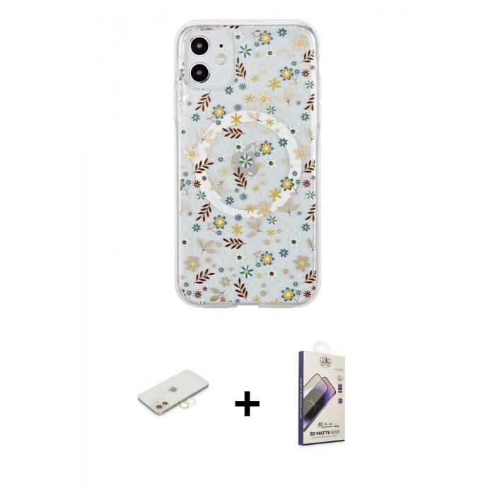 MARSİLYAN™- iPhone 11 Kılıf Pusula Form - Siyah Bilvis 3D Mat Cam Ekran Koruyucu + Renkli Kamera Lens Koruma Cam - SI