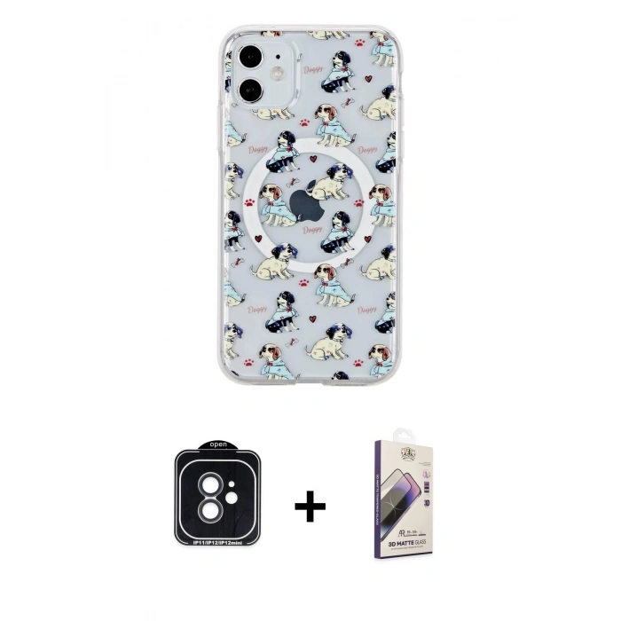 MARSİLYAN™- iPhone 11 Kılıf Pusula Form - Siyah Bilvis 3D Mat Cam Ekran Koruyucu + PVD Metal Kamera Lens - SH