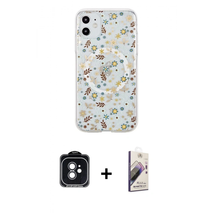 MARSİLYAN™- iPhone 11 Kılıf Pusula Form - Siyah Bilvis 3D Mat Cam Ekran Koruyucu + PVD Metal Kamera Lens - SH