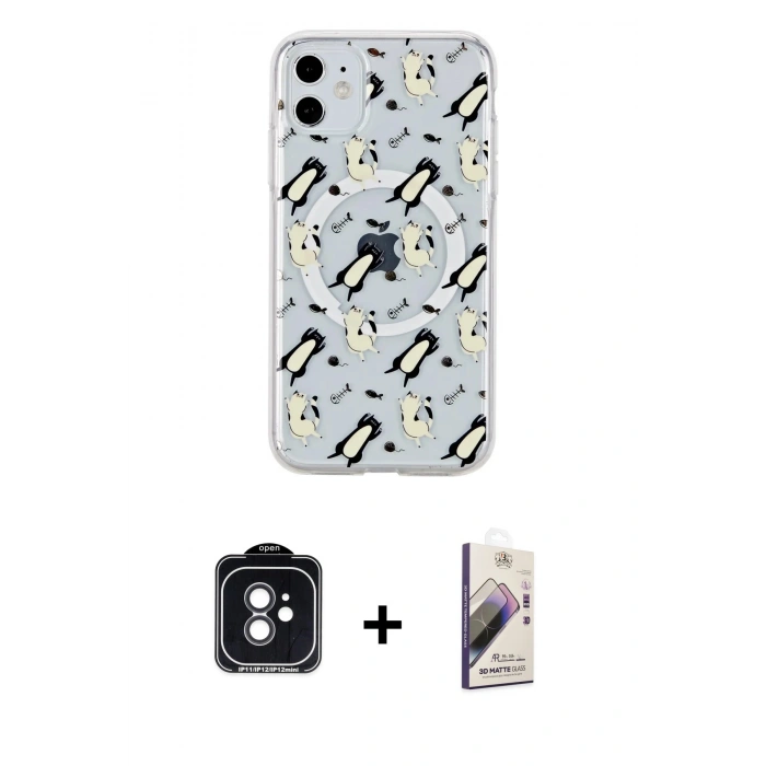 MARSİLYAN™- iPhone 11 Kılıf Pusula Form - Siyah Bilvis 3D Mat Cam Ekran Koruyucu + PVD Metal Kamera Lens - SH
