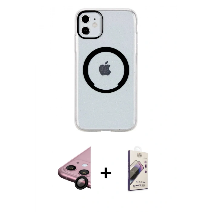 MARSİLYAN™- iPhone 11 Kılıf Pusula Form - Siyah Bilvis 3D Mat Cam Ekran Koruyucu + Siyah Raze Metal Kamera Lens
