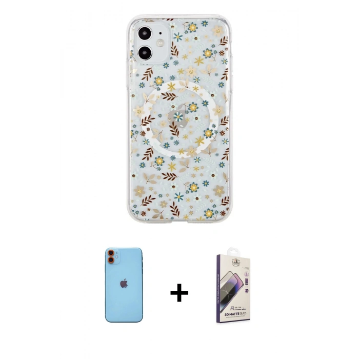 MARSİLYAN™- iPhone 11 Kılıf Pusula Form - Siyah Bilvis 3D Mat Cam Ekran Koruyucu + Neon Fosforlu Kamera Lens - TU