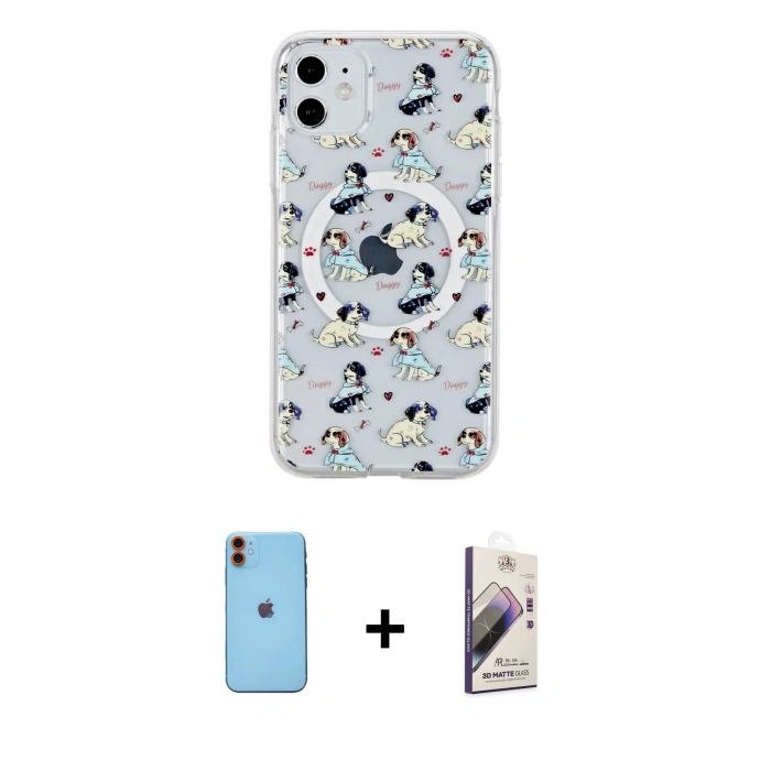 MARSİLYAN™- iPhone 11 Kılıf Pusula Form - Siyah Bilvis 3D Mat Cam Ekran Koruyucu + Neon Fosforlu Kamera Lens - TU