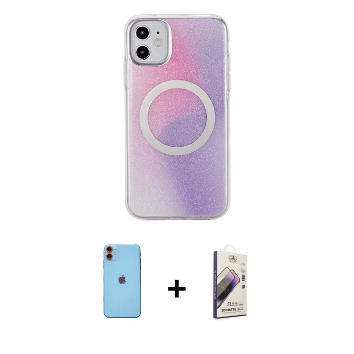 MARSİLYAN™- iPhone 11 Kılıf Pusula Form - Siyah Bilvis 3D Mat Cam Ekran Koruyucu + Neon Fosforlu Kamera Lens - TU