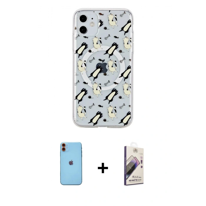 MARSİLYAN™- iPhone 11 Kılıf Pusula Form - Siyah Bilvis 3D Mat Cam Ekran Koruyucu + Neon Fosforlu Kamera Lens - TU