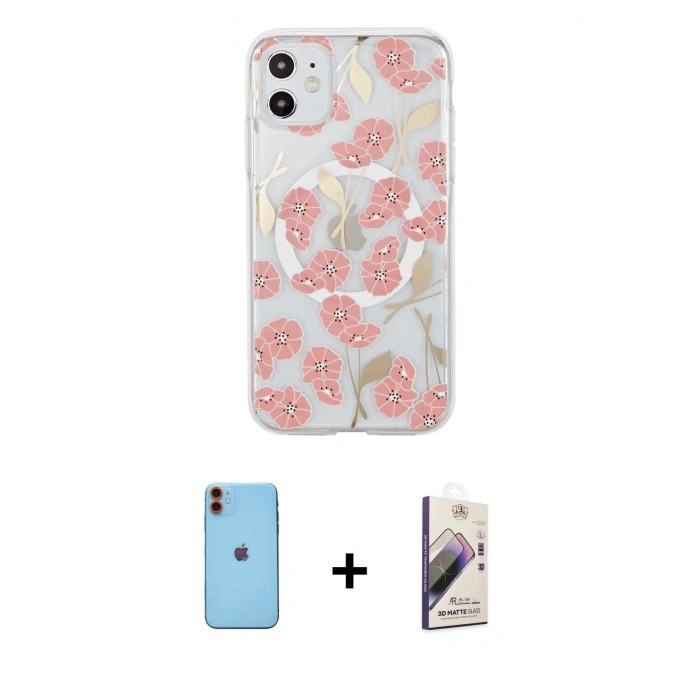 MARSİLYAN™- iPhone 11 Kılıf Pusula Form - Siyah Bilvis 3D Mat Cam Ekran Koruyucu + Neon Fosforlu Kamera Lens - TU