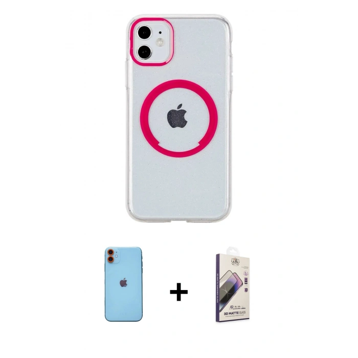 MARSİLYAN™- iPhone 11 Kılıf Pusula Form - Siyah Bilvis 3D Mat Cam Ekran Koruyucu + Neon Fosforlu Kamera Lens - TU