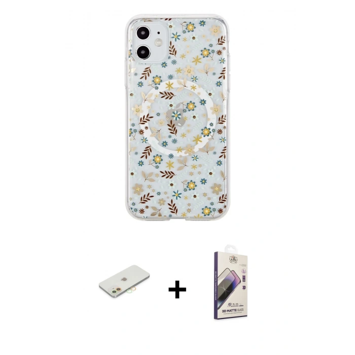 MARSİLYAN™- iPhone 11 Kılıf Pusula Form - Siyah Bilvis 3D Mat Cam Ekran Koruyucu + Renkli Kamera Lens Koruma Cam - TU