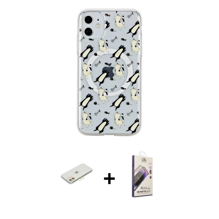 MARSİLYAN™- iPhone 11 Kılıf Pusula Form - Siyah Bilvis 3D Mat Cam Ekran Koruyucu + Renkli Kamera Lens Koruma Cam - TU