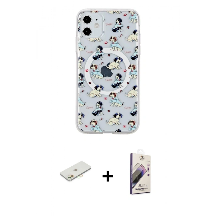 MARSİLYAN™- iPhone 11 Kılıf Pusula Form - Siyah Bilvis 3D Mat Cam Ekran Koruyucu + Renkli Kamera Lens Koruma Cam - TU