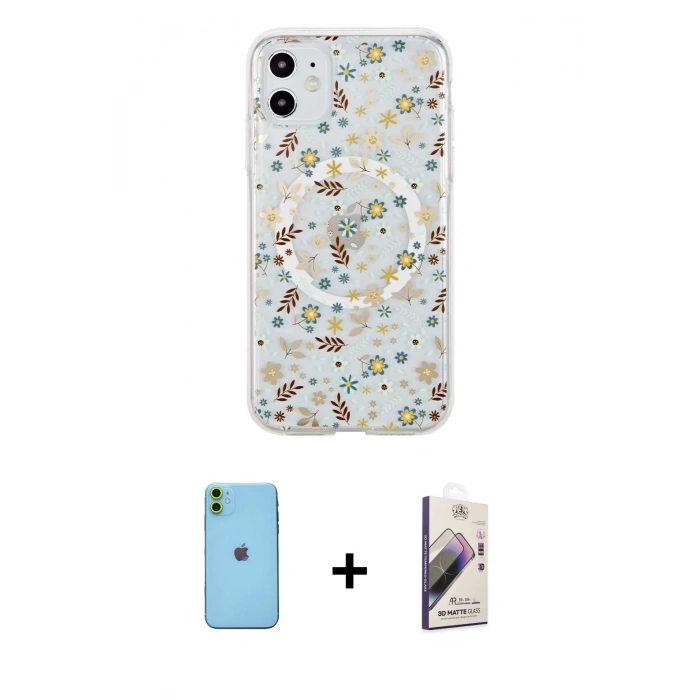 MARSİLYAN™- iPhone 11 Kılıf Pusula Form - Siyah Bilvis 3D Mat Cam Ekran Koruyucu + Neon Fosforlu Kamera Lens - YL