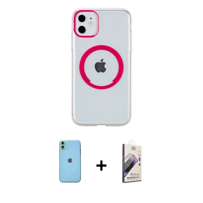 MARSİLYAN™- iPhone 11 Kılıf Pusula Form - Siyah Bilvis 3D Mat Cam Ekran Koruyucu + Neon Fosforlu Kamera Lens - YL