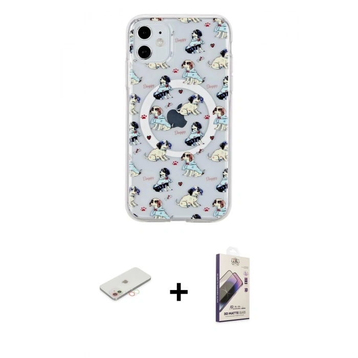 MARSİLYAN™- iPhone 11 Kılıf Pusula Form - Siyah Bilvis 3D Mat Cam Ekran Koruyucu + Yeşil Renkli Kamera Lens Koruma Cam