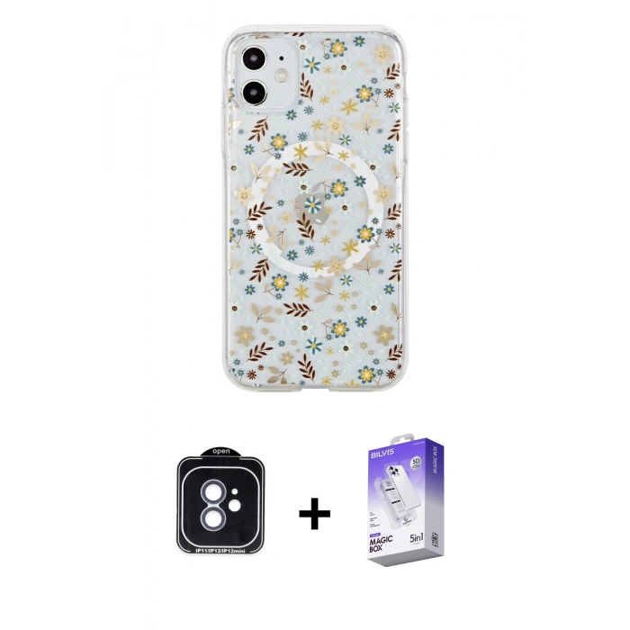 MARSİLYAN™- iPhone 11 Kılıf Pusula Form - Siyah Bilvis 5in1 3D Magic Cam Ekran Koruyucu + Mavi PVD Metal Kamera Lens