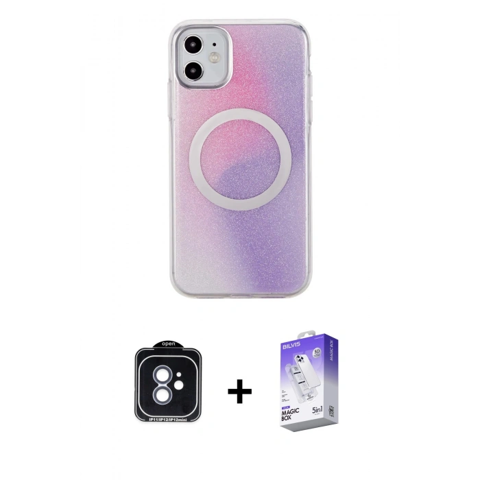 MARSİLYAN™- iPhone 11 Kılıf Pusula Form - Siyah Bilvis 5in1 3D Magic Cam Ekran Koruyucu + Mavi PVD Metal Kamera Lens
