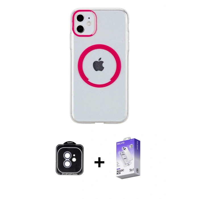 MARSİLYAN™- iPhone 11 Kılıf Pusula Form - Siyah Bilvis 5in1 3D Magic Cam Ekran Koruyucu + Mavi PVD Metal Kamera Lens