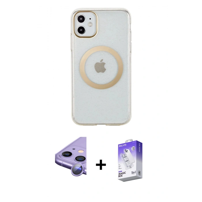 MARSİLYAN™- iPhone 11 Kılıf Pusula Form - Siyah Bilvis 5in1 3D Magic Cam Ekran Koruyucu + Raze Metal Kamera Lens - MR