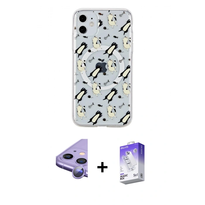 MARSİLYAN™- iPhone 11 Kılıf Pusula Form - Siyah Bilvis 5in1 3D Magic Cam Ekran Koruyucu + Raze Metal Kamera Lens - MR